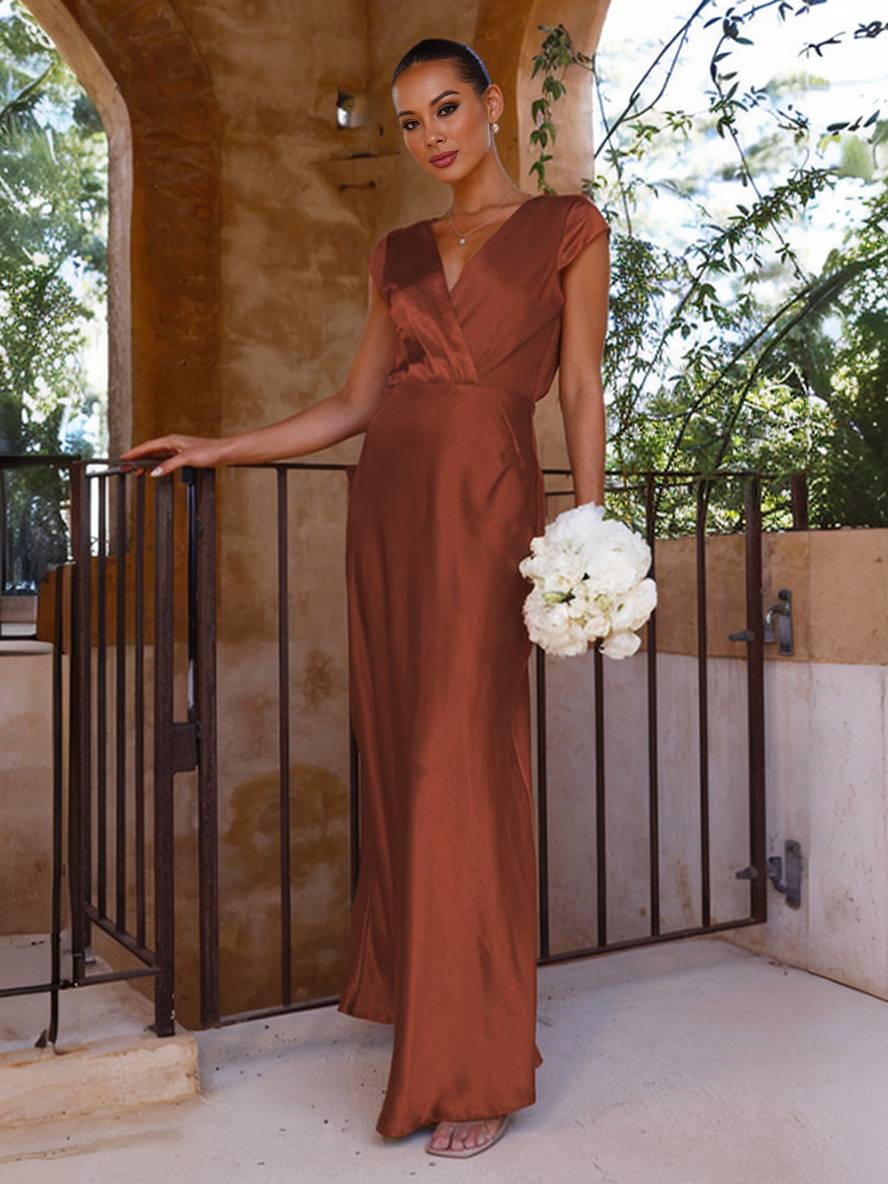 Samantha Women's Evening Dress - Sleeveless Satin Mermaid Dress with Neckline and Elegant Sleeves