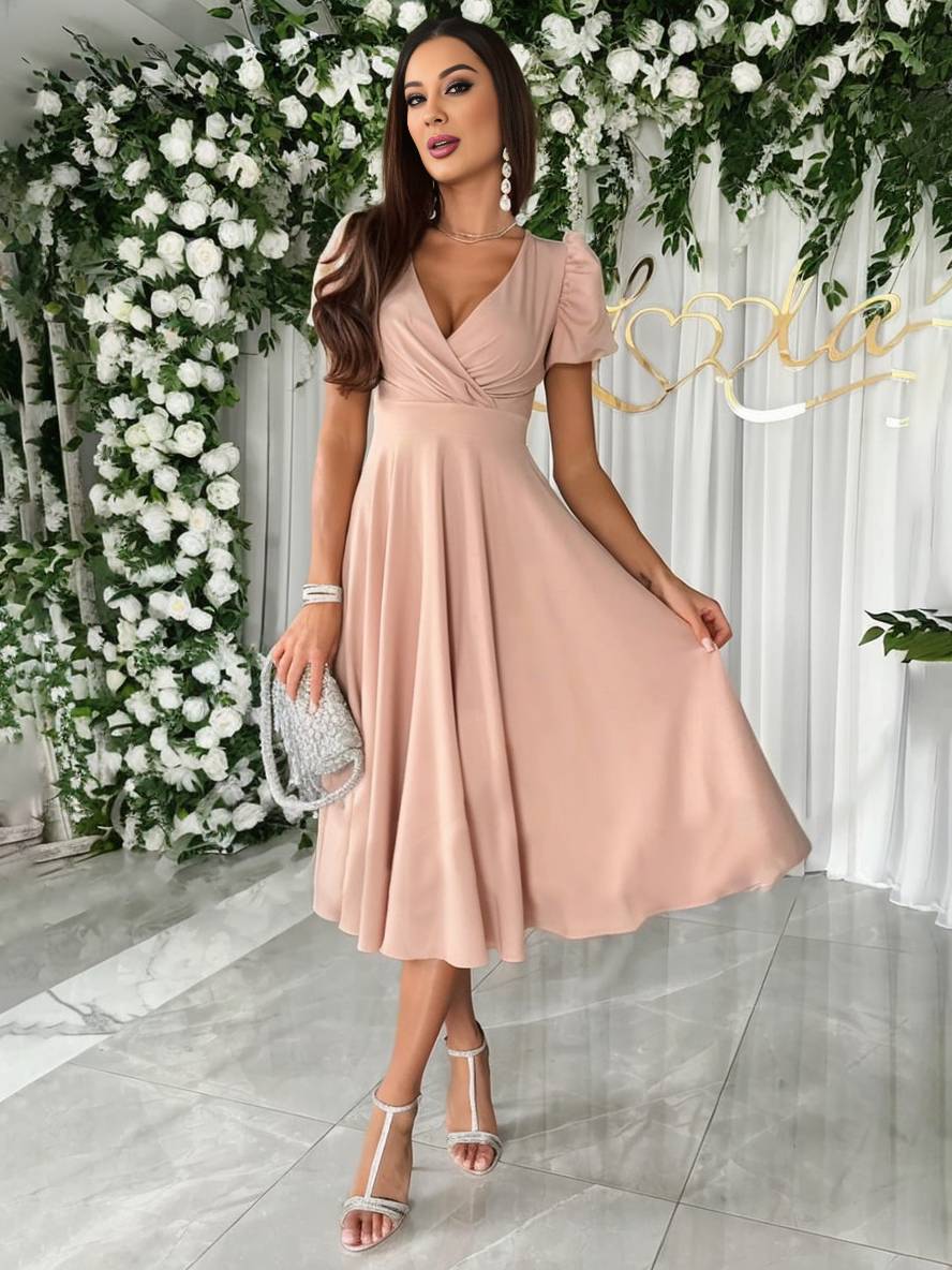 Julie Women's Dress - Elegant Bridesmaid Dress with Cheeky Neck, Short Buff Sleeves and Flowy Cut