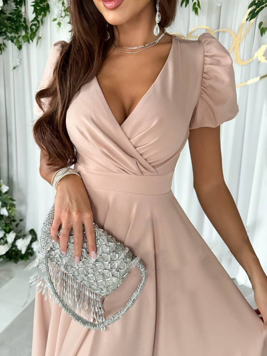 Julie Women's Dress - Elegant Bridesmaid Dress with Cheeky Neck, Short Buff Sleeves and Flowy Cut