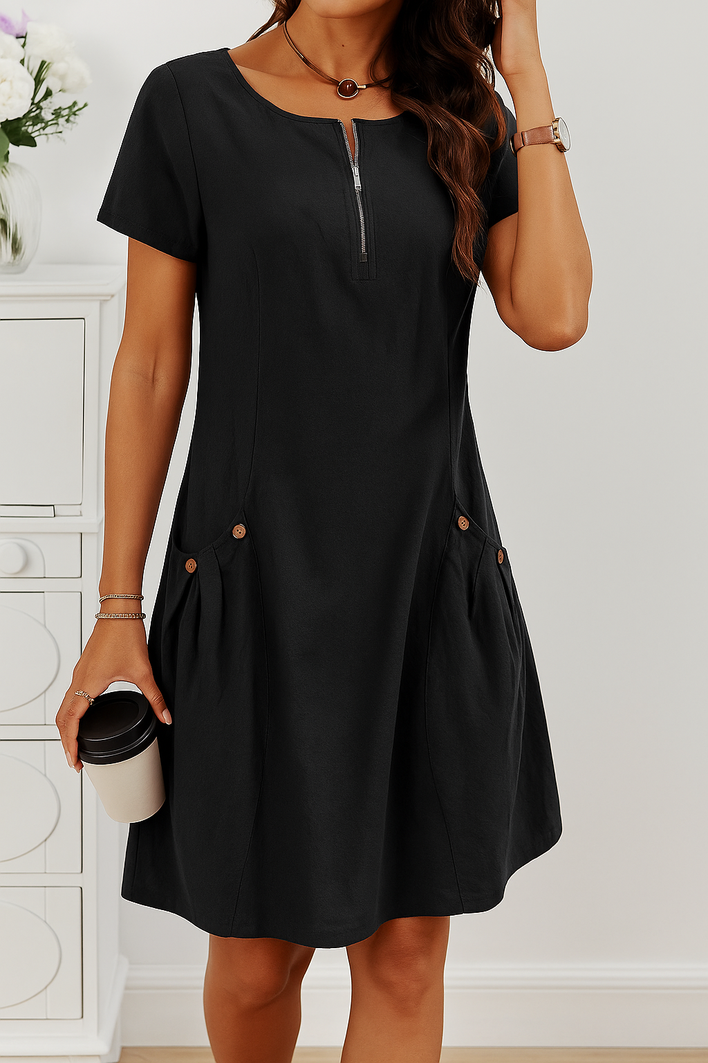 Sienna - Elegant Short Sleeve Cotton Dress with Pockets