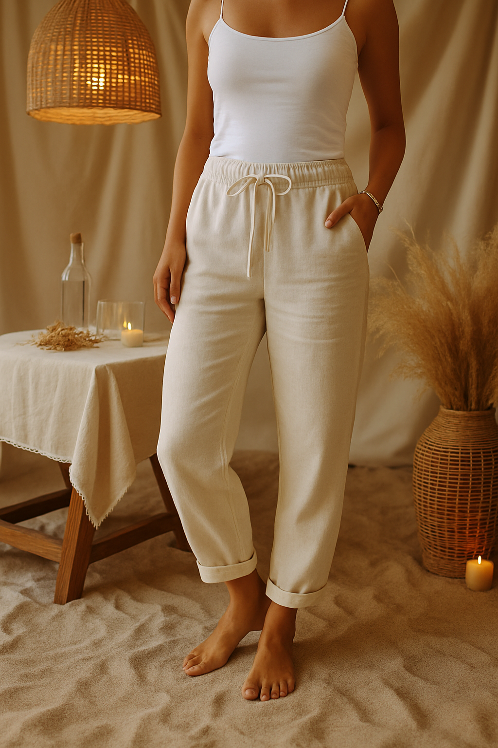 Monica - Cotton and linen pants with elastic waistband
