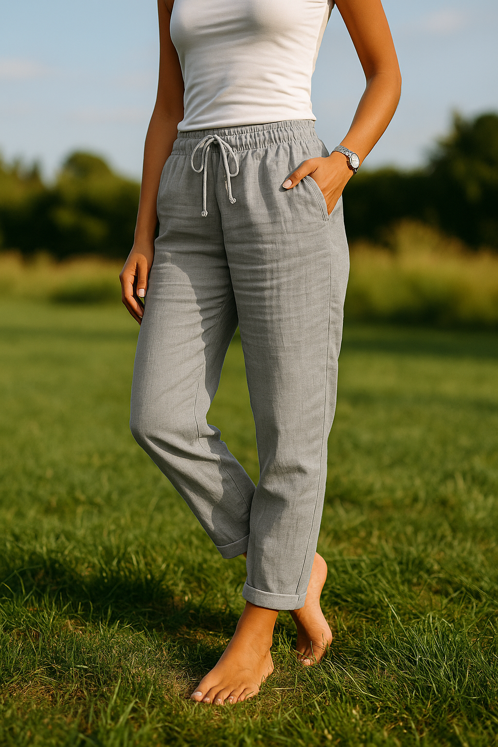 Monica - Cotton and linen pants with elastic waistband