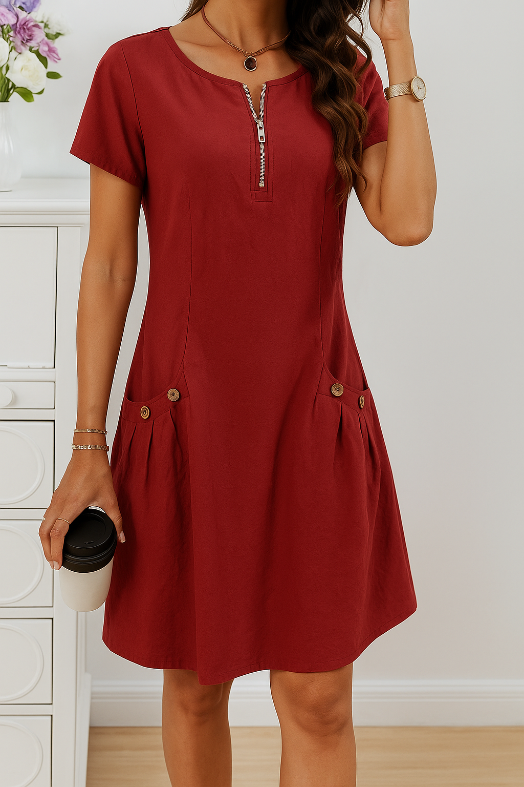 Sienna - Elegant Short Sleeve Cotton Dress with Pockets