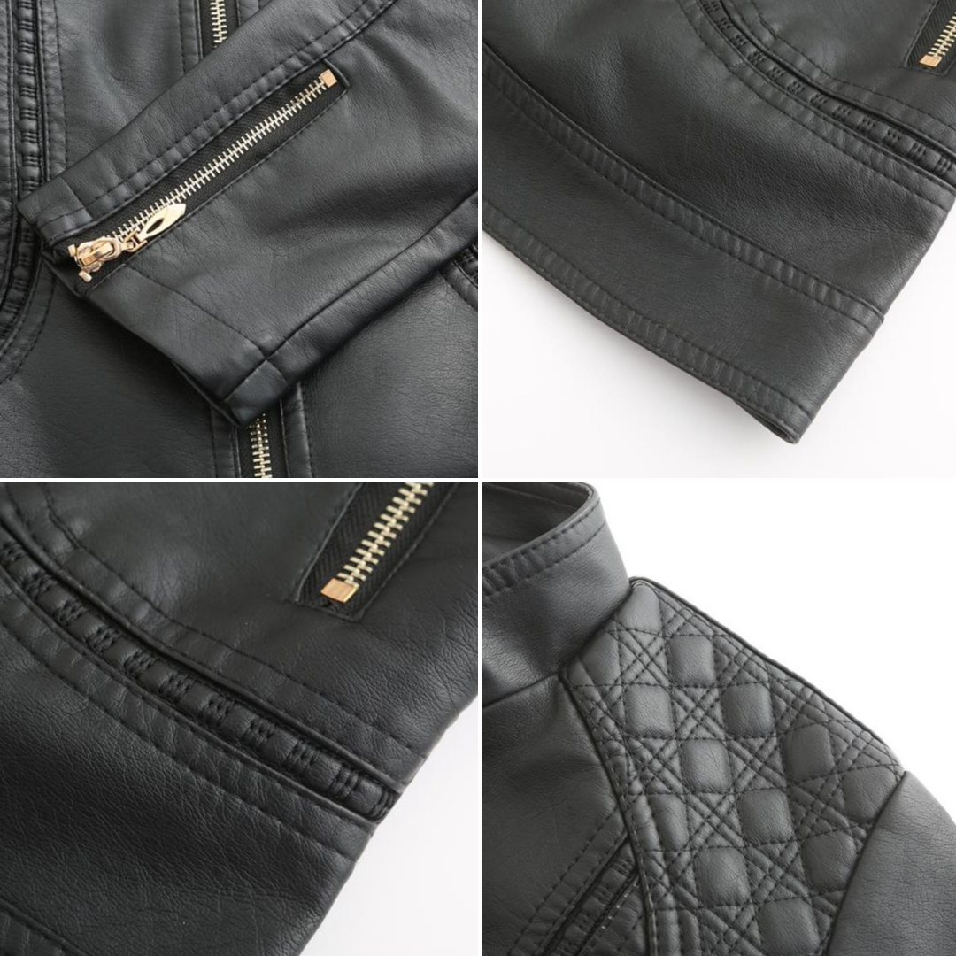 PU leather jacket with stand-up collar for women