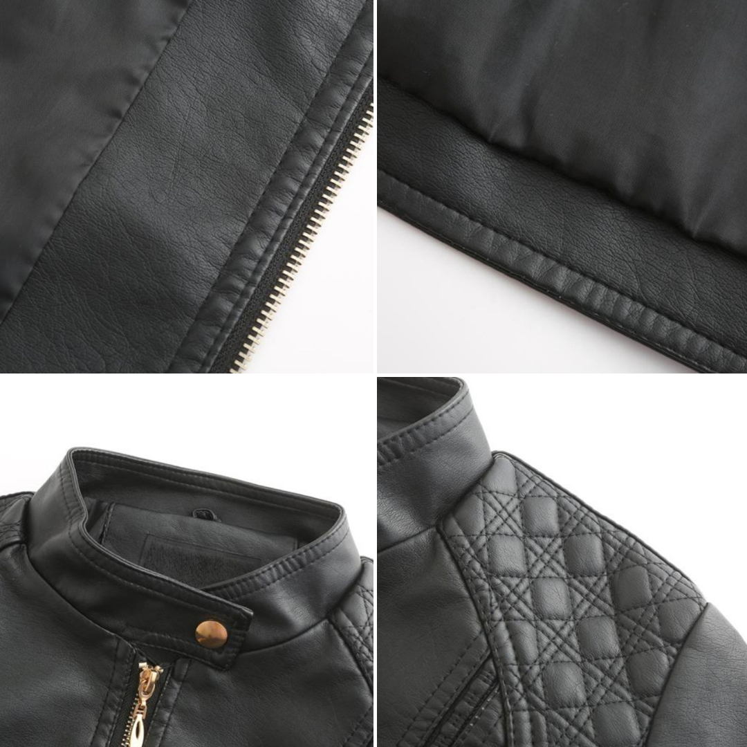 PU leather jacket with stand-up collar for women