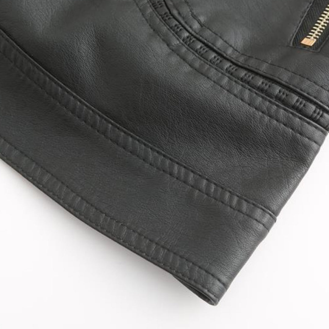 PU leather jacket with stand-up collar for women