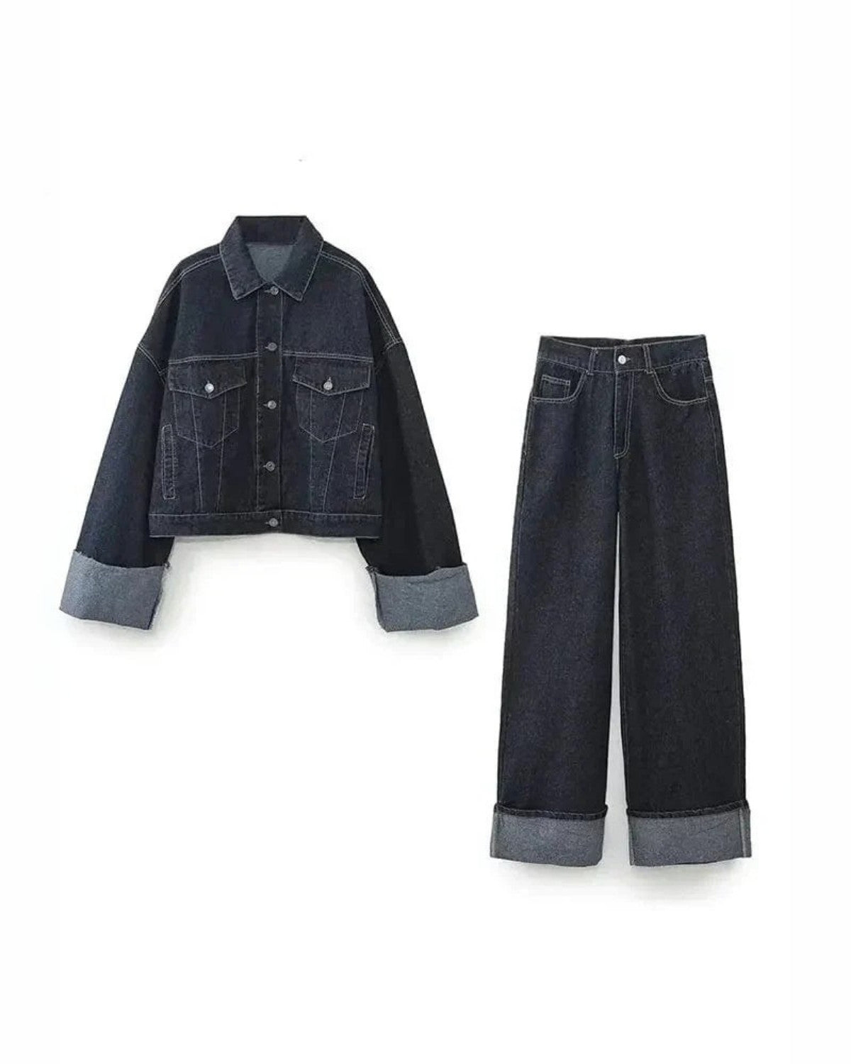 Two-piece denim set with denim jacket and long trousers - women