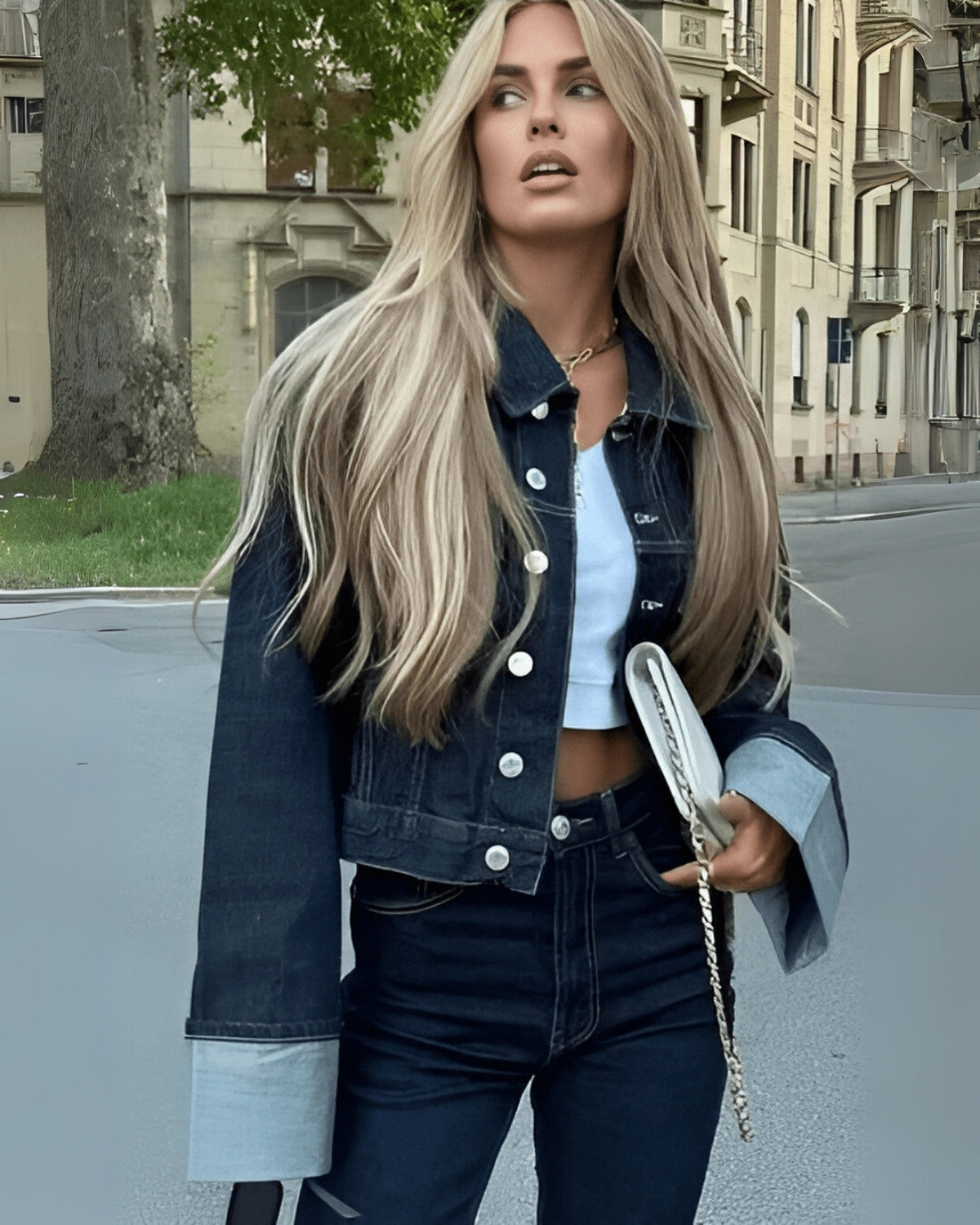 Two-piece denim set with denim jacket and long trousers - women