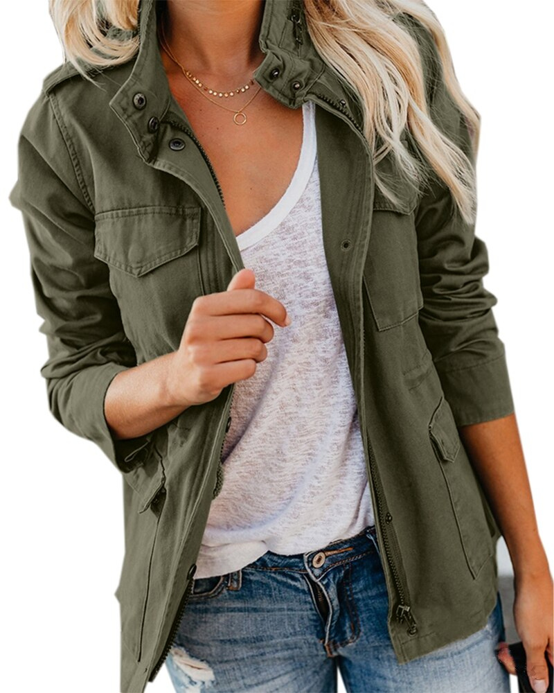Fashionable cotton blend mid-length jacket with practical pockets - women