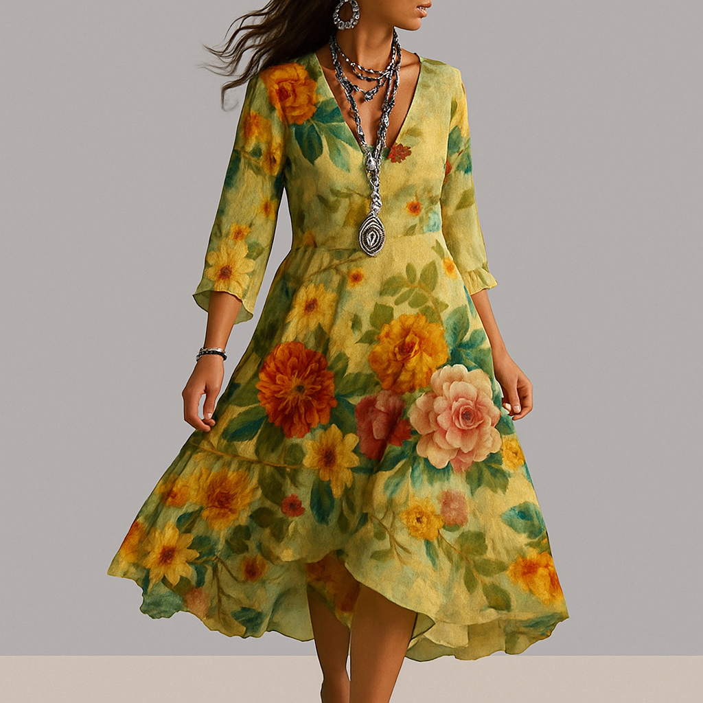  Boho Floral V-Neck Dress