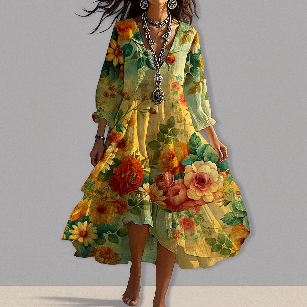  Boho Floral V-Neck Dress