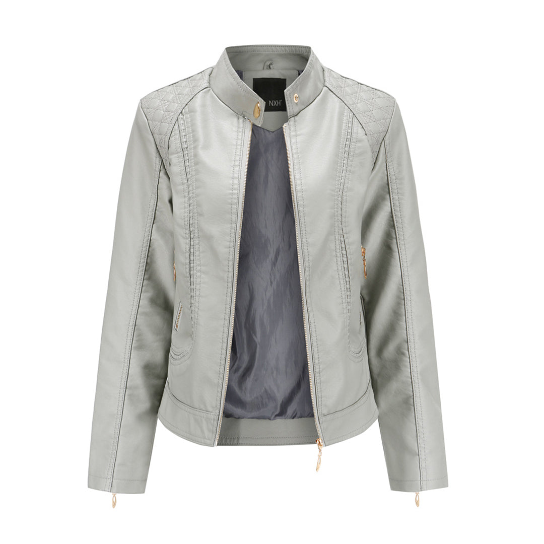 PU leather jacket with stand-up collar for women