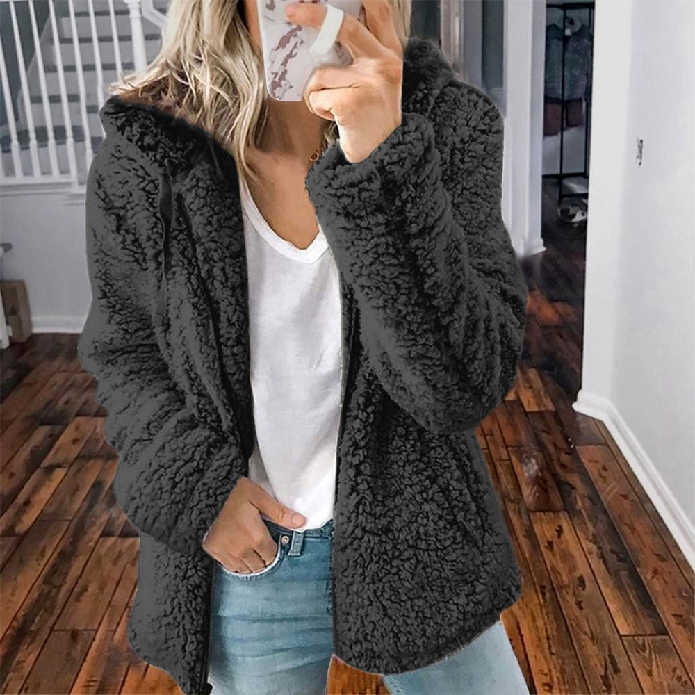 Plush coat with hood for women