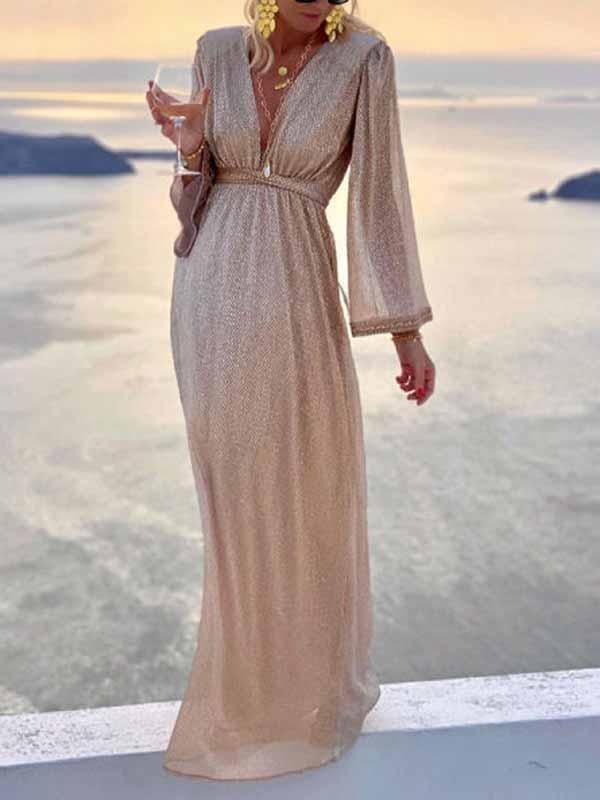 Sarai Women's Evening Dress - Long Dress in Shimmering Material with Elegant Sleeves and Slimming Cut