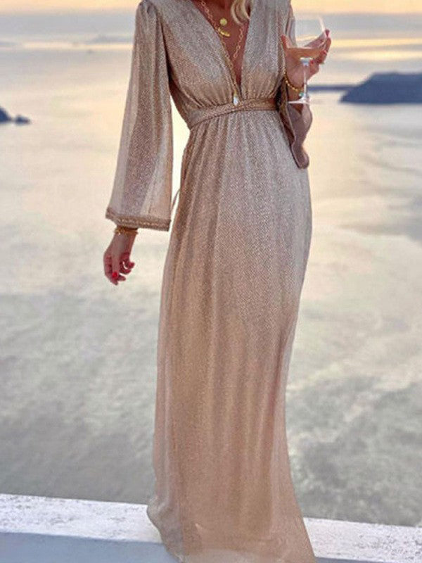 Sarai Women's Evening Dress - Long Dress in Shimmering Material with Elegant Sleeves and Slimming Cut