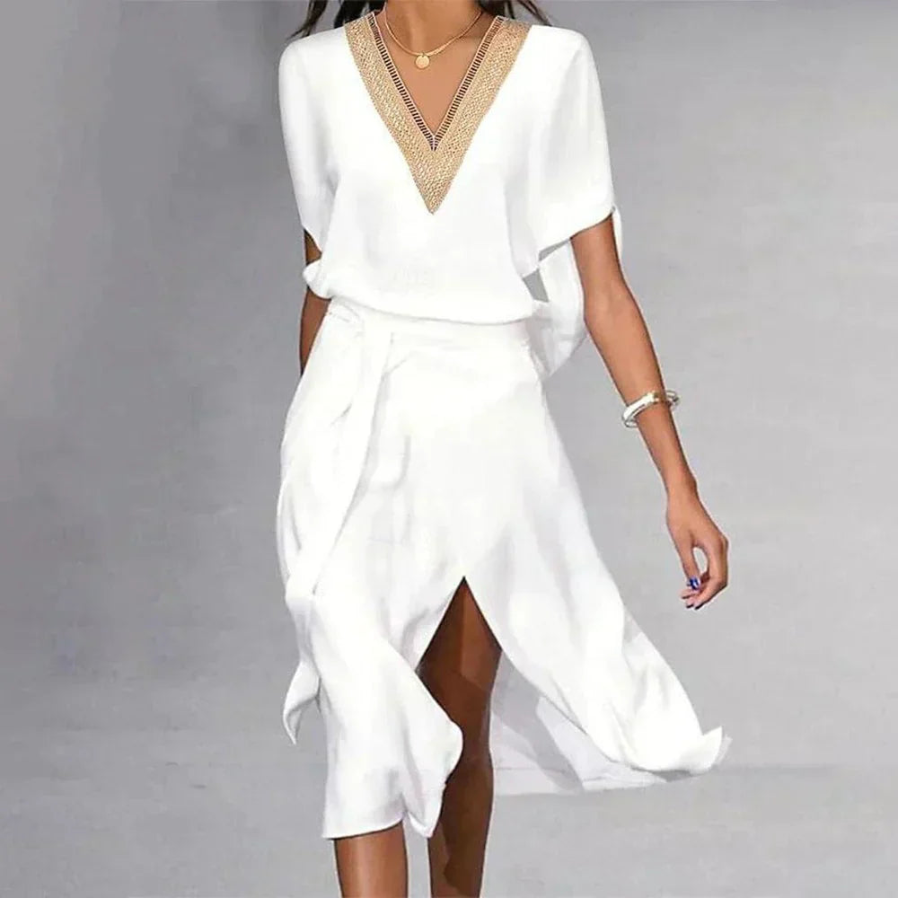 Isabella Women's Midi Dress - Elegant White Dress with Cheeky Neck and Timeless Minimalist Design