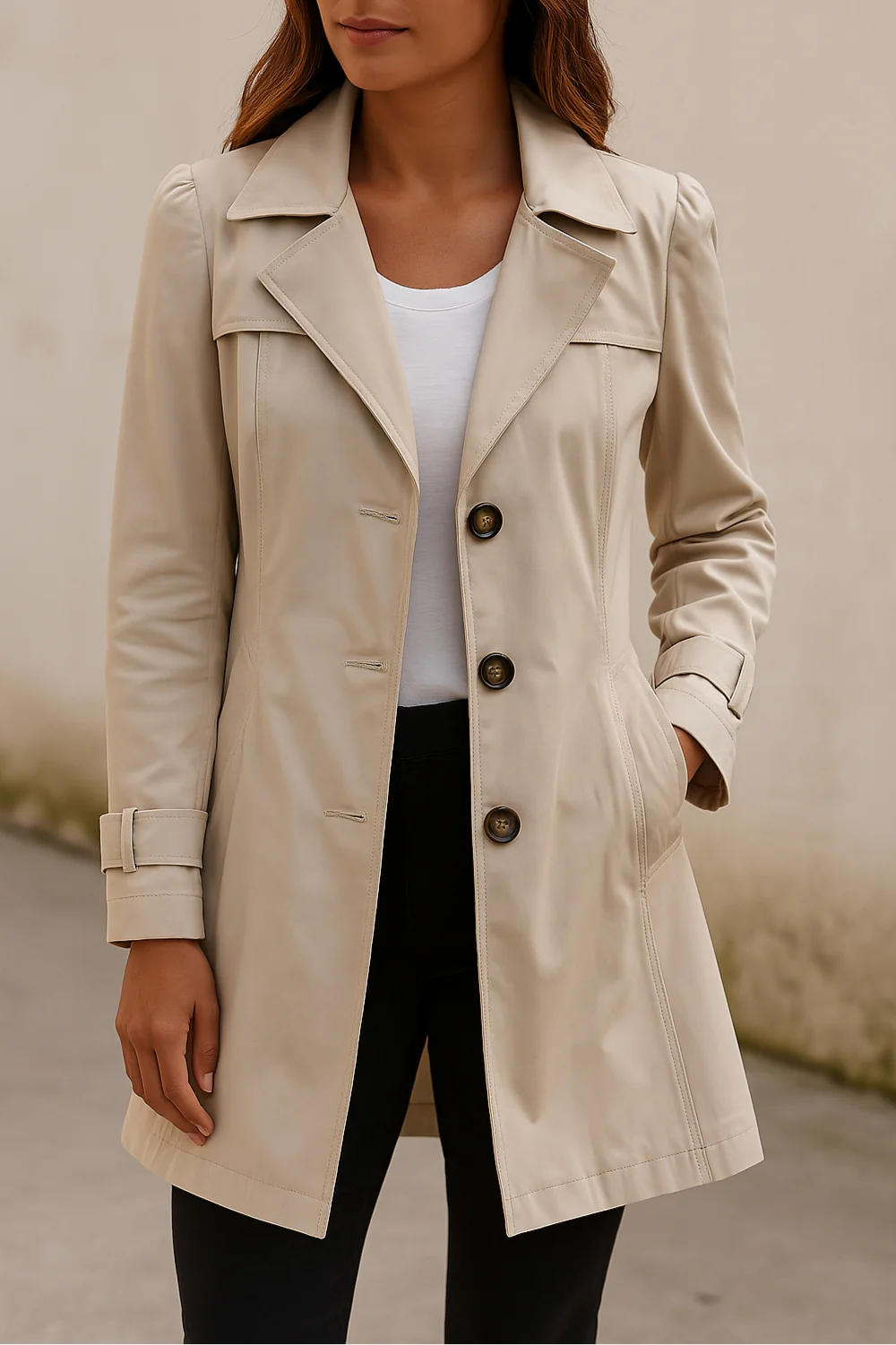 Ladies Trench Coat with Buttons - Intermediate Season Jacket with Collar