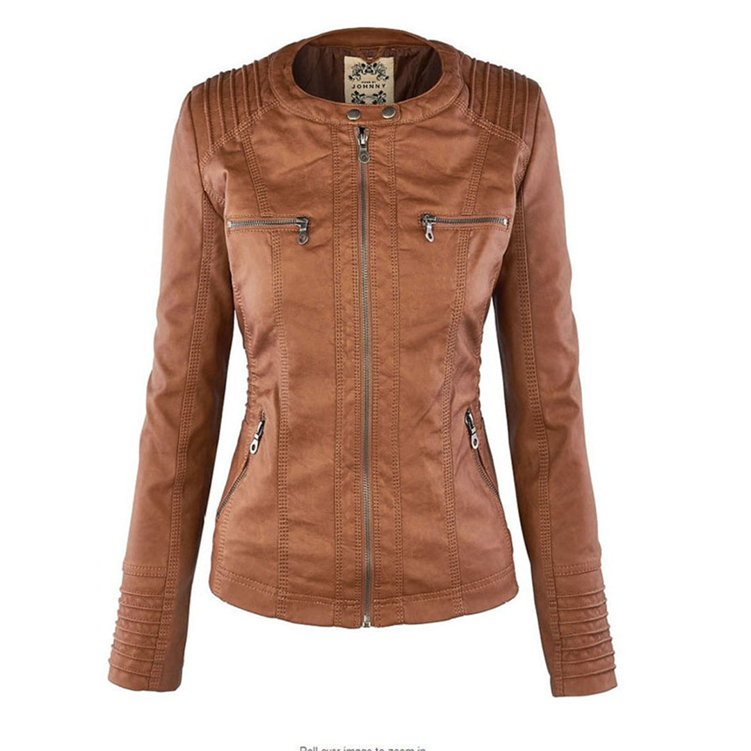 PU leather jacket with hood for women