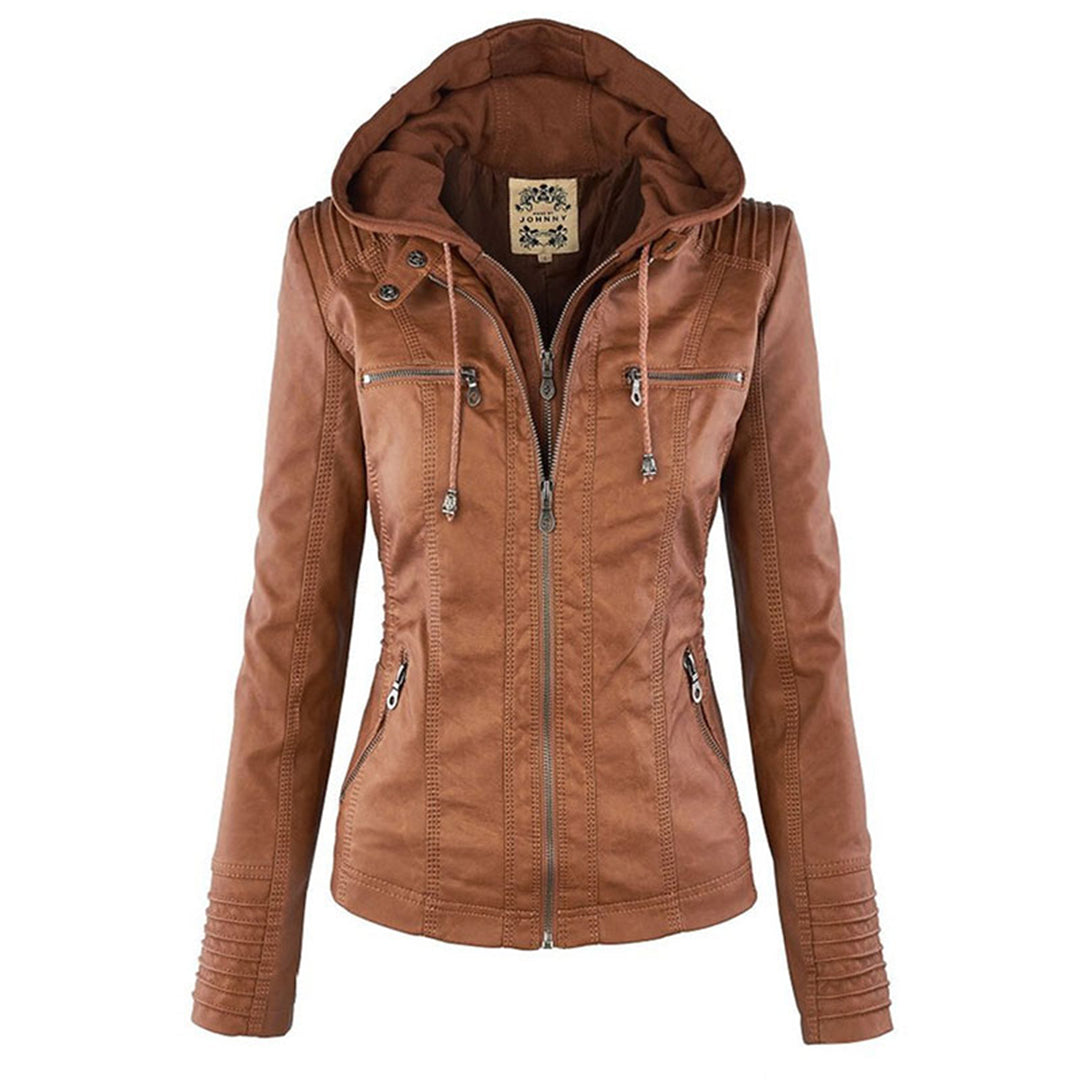 PU leather jacket with hood for women