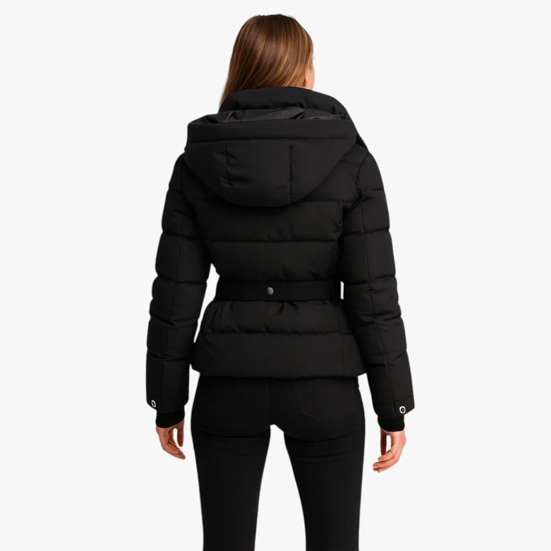 Puffer jacket with belt, water-repellent, for women