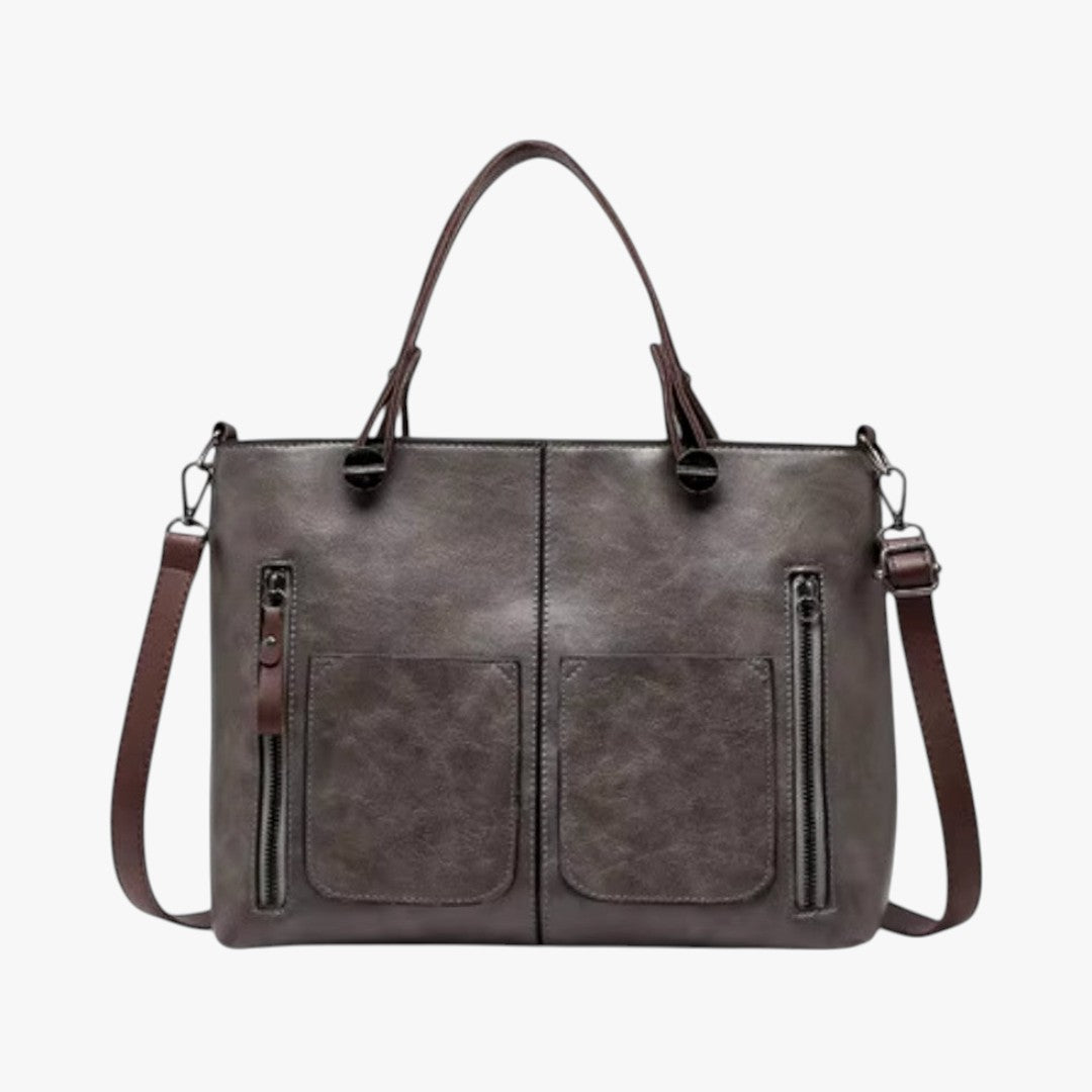 Leather handbag with multiple compartments, vintage style shoulder bag for women