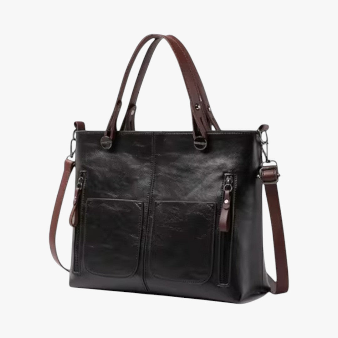 Leather handbag with multiple compartments, vintage style shoulder bag for women