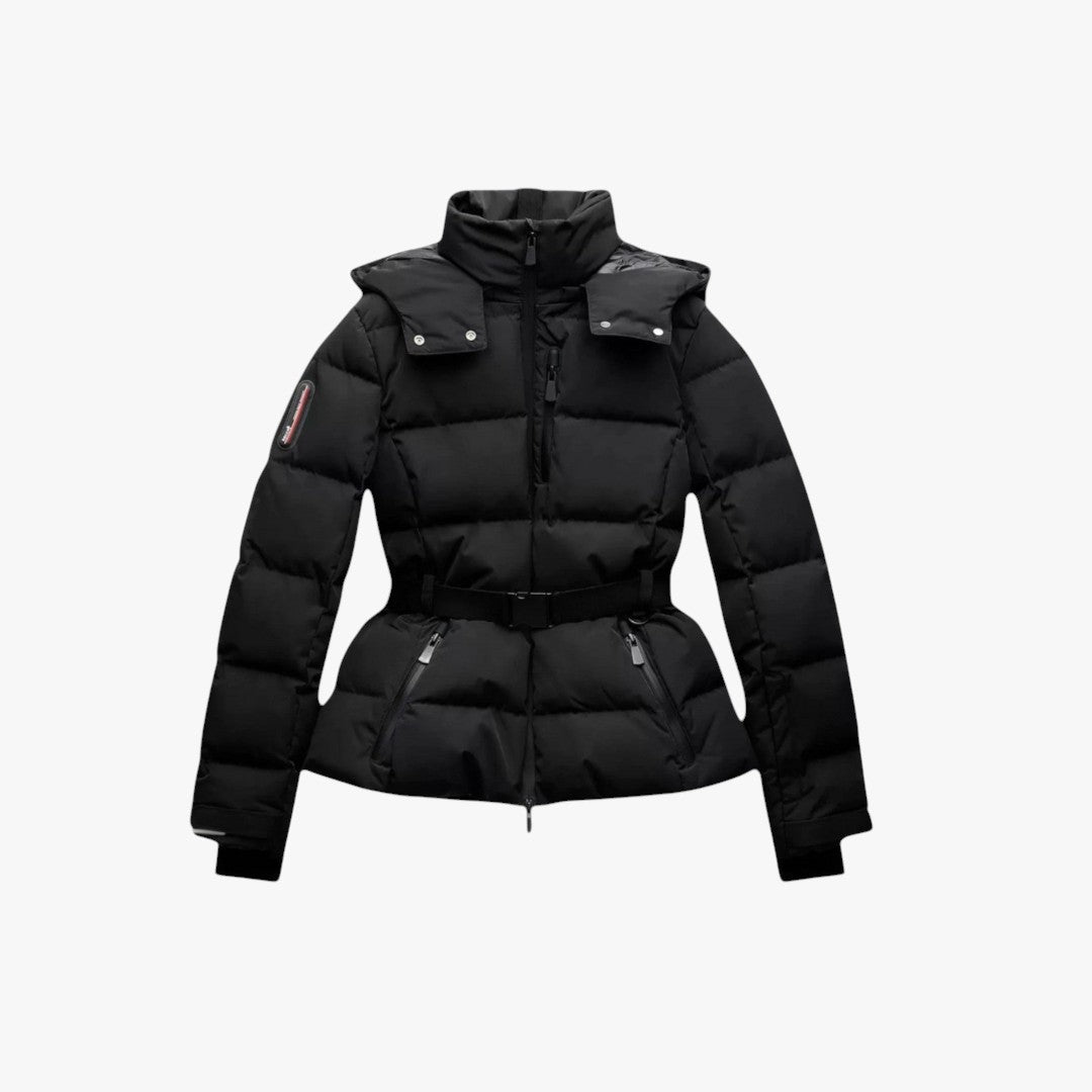 Puffer jacket with belt, water-repellent, for women