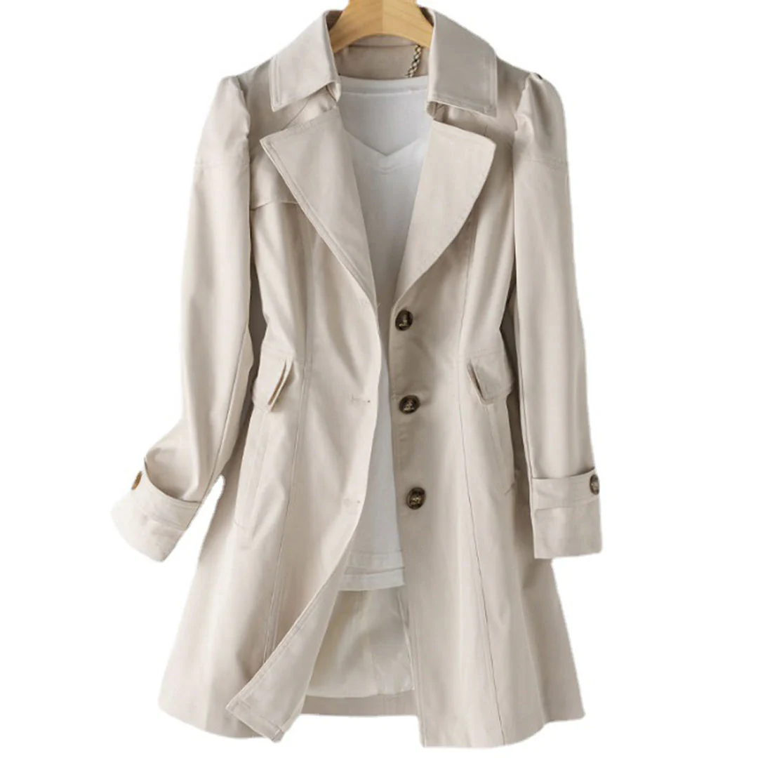 Ladies Trench Coat with Buttons - Intermediate Season Jacket with Collar