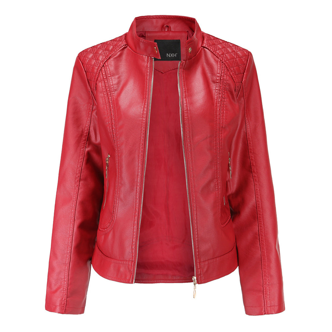 PU leather jacket with stand-up collar for women