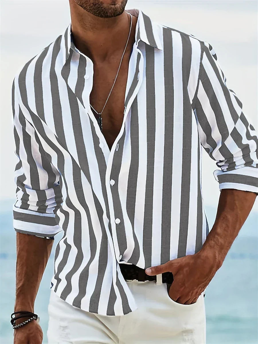James Summer Men's Shirt - Light Blue Striped Linen/Cotton Blend Shirt with a Casual Cut