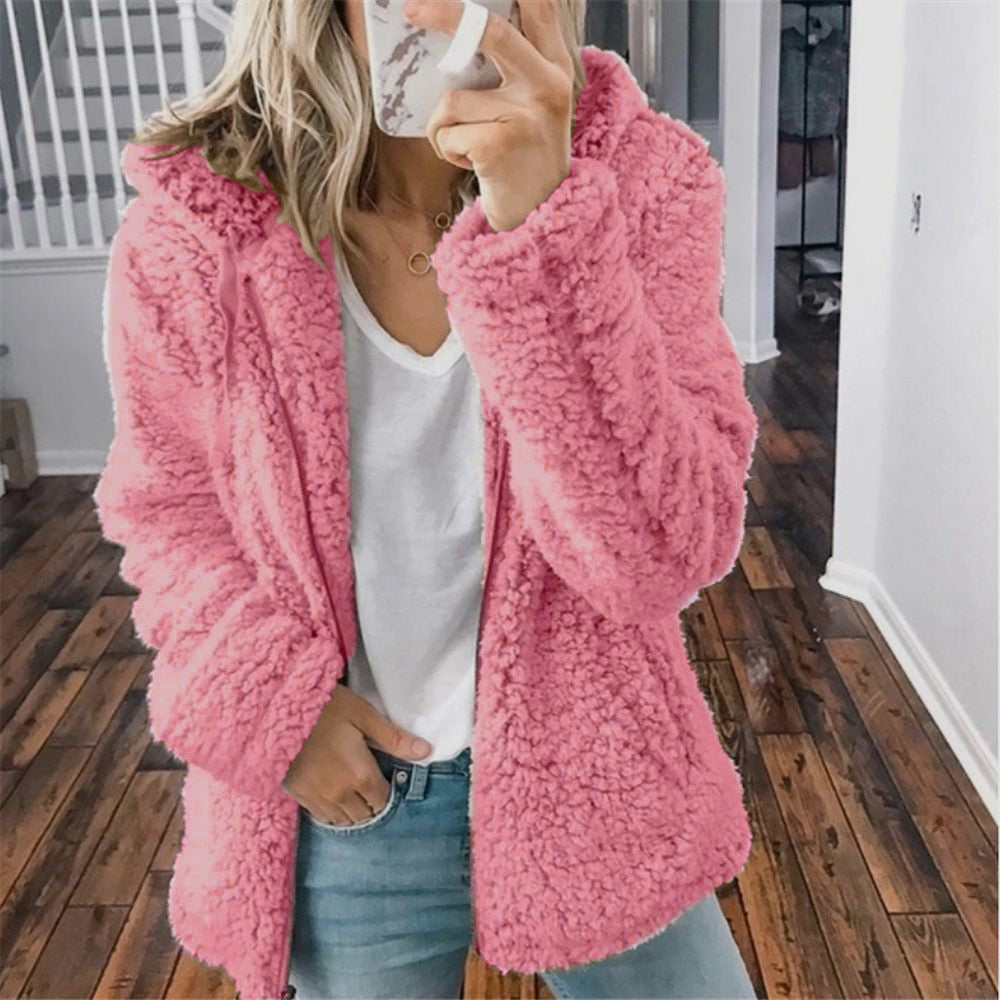 Plush coat with hood for women