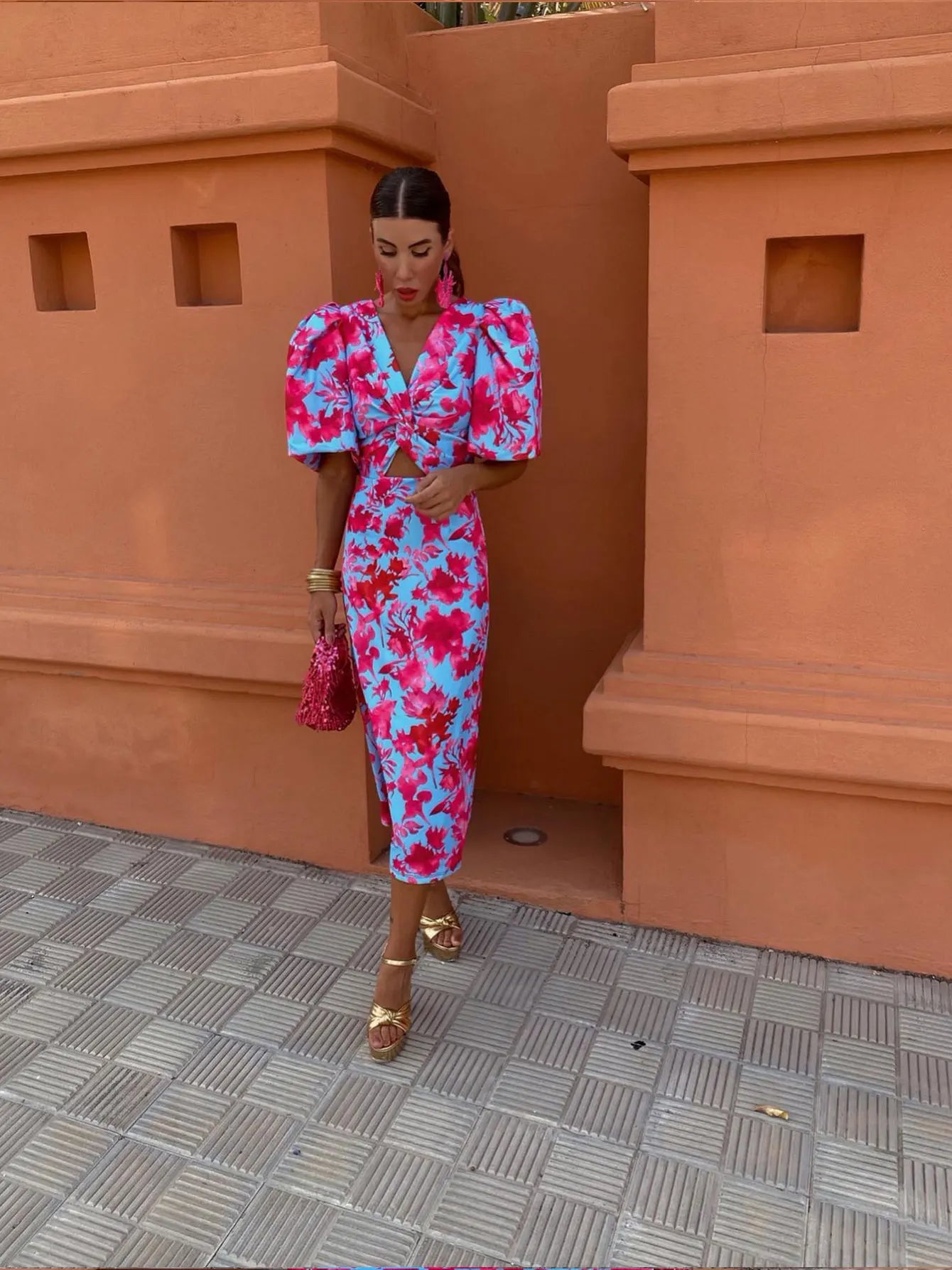 Sophie Patterned Midi Dress - Buffed Sleeves and Elegant Fitted Silhouette