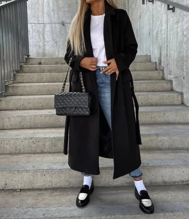 Cappotto invernale elegante da donna, lungo, reversibile, con cintura - perfetto per autunno/inverno