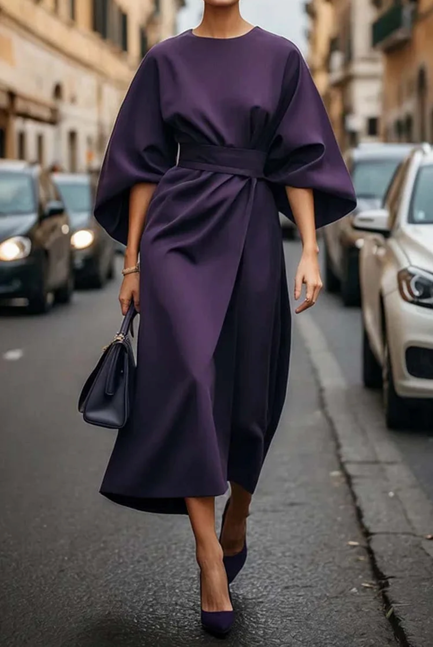 Louise Women's Elegant Dress - Women's Cut with Lantern Style Sleeves & Adjustable Belt