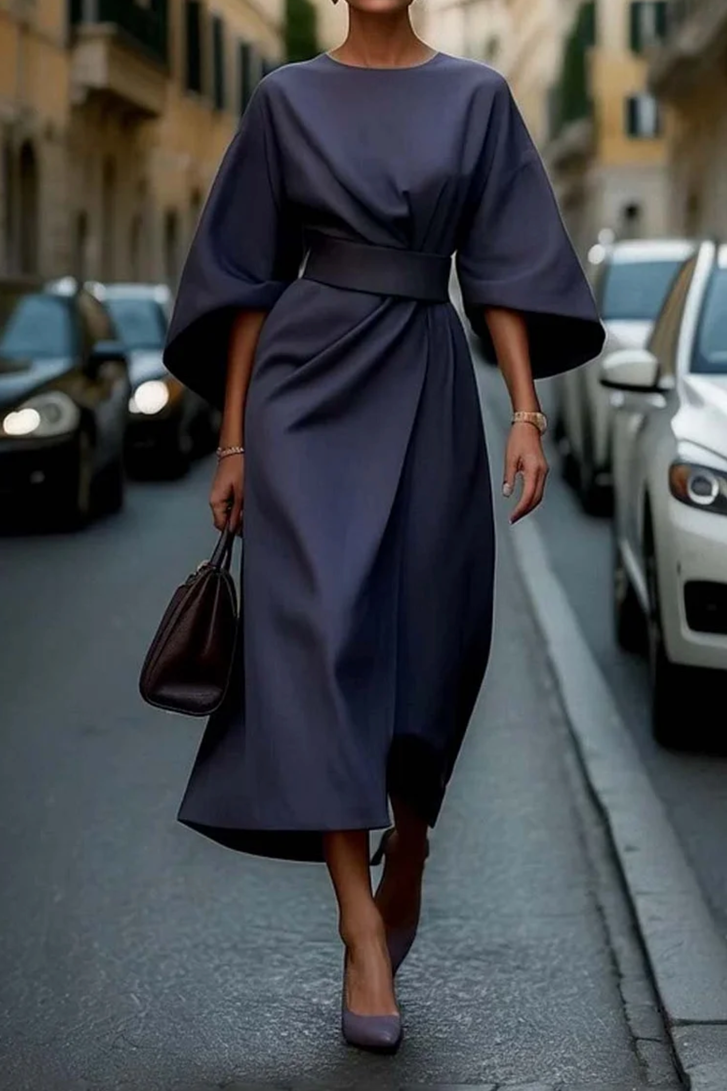 Louise Women's Elegant Dress - Women's Cut with Lantern Style Sleeves & Adjustable Belt