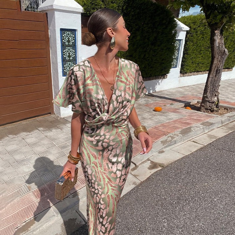 Nela Women's Maxi Dress - Elegant Envelope Dress with Deep Cheeky Neck & Flowy Cut