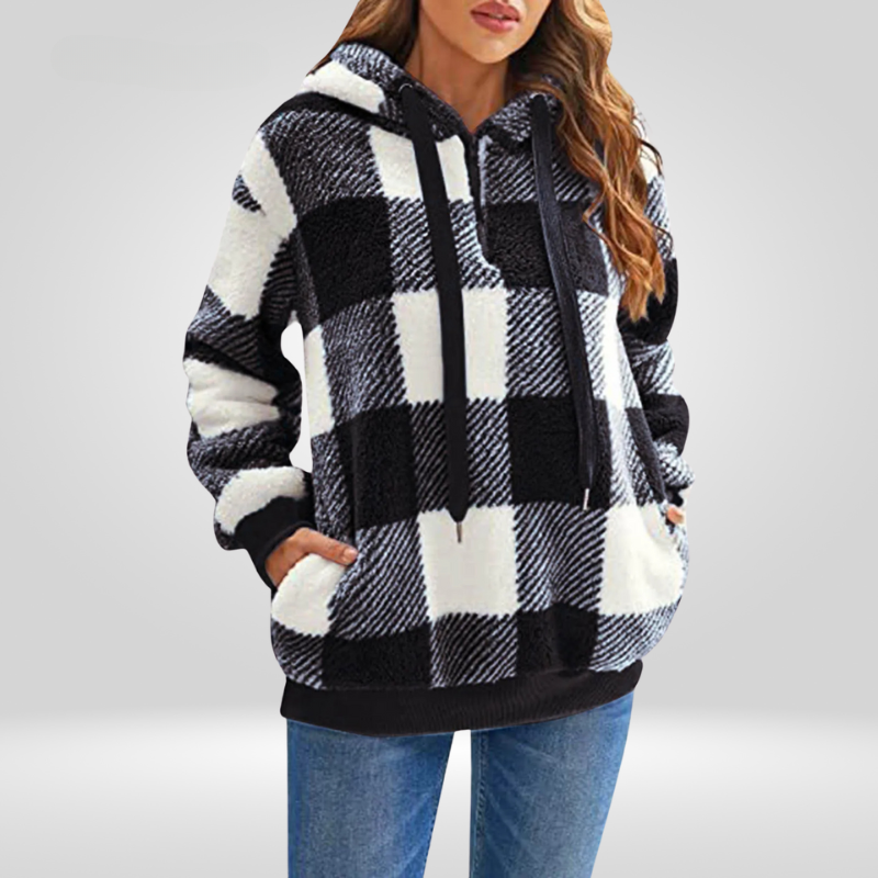 Women's hoodie - Soft knit - Loose fit - Half zipper - Check pattern - With hood