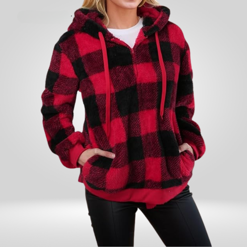 Women's hoodie - Soft knit - Loose fit - Half zipper - Check pattern - With hood