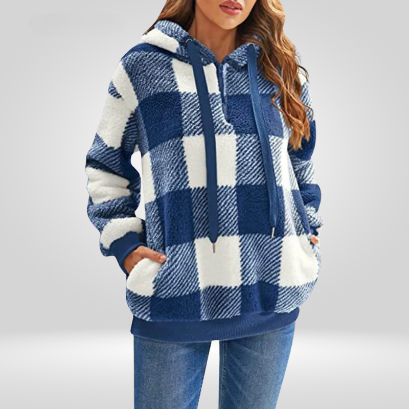 Women's hoodie - Soft knit - Loose fit - Half zipper - Check pattern - With hood
