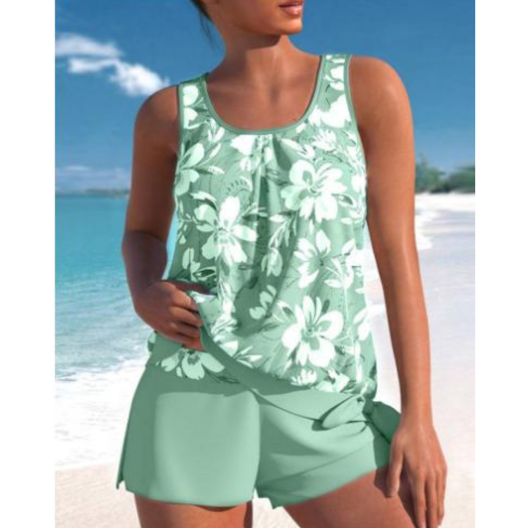 Adalina Women's Tankini - Floral Patterned Swimsuit with Shorts and Comfortable Strapless Cut
