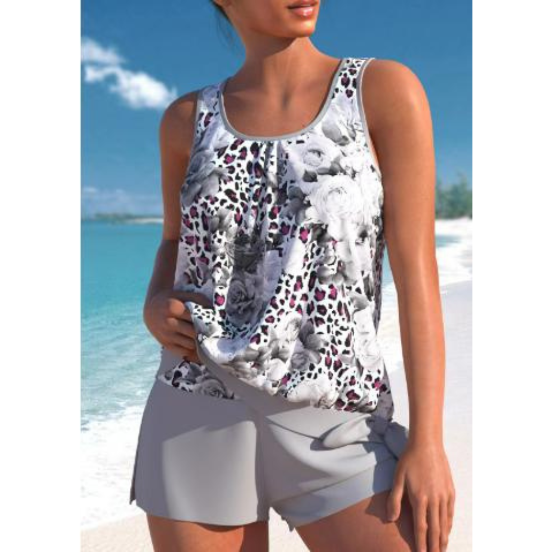 Adalina Women's Tankini - Floral Patterned Swimsuit with Shorts and Comfortable Strapless Cut