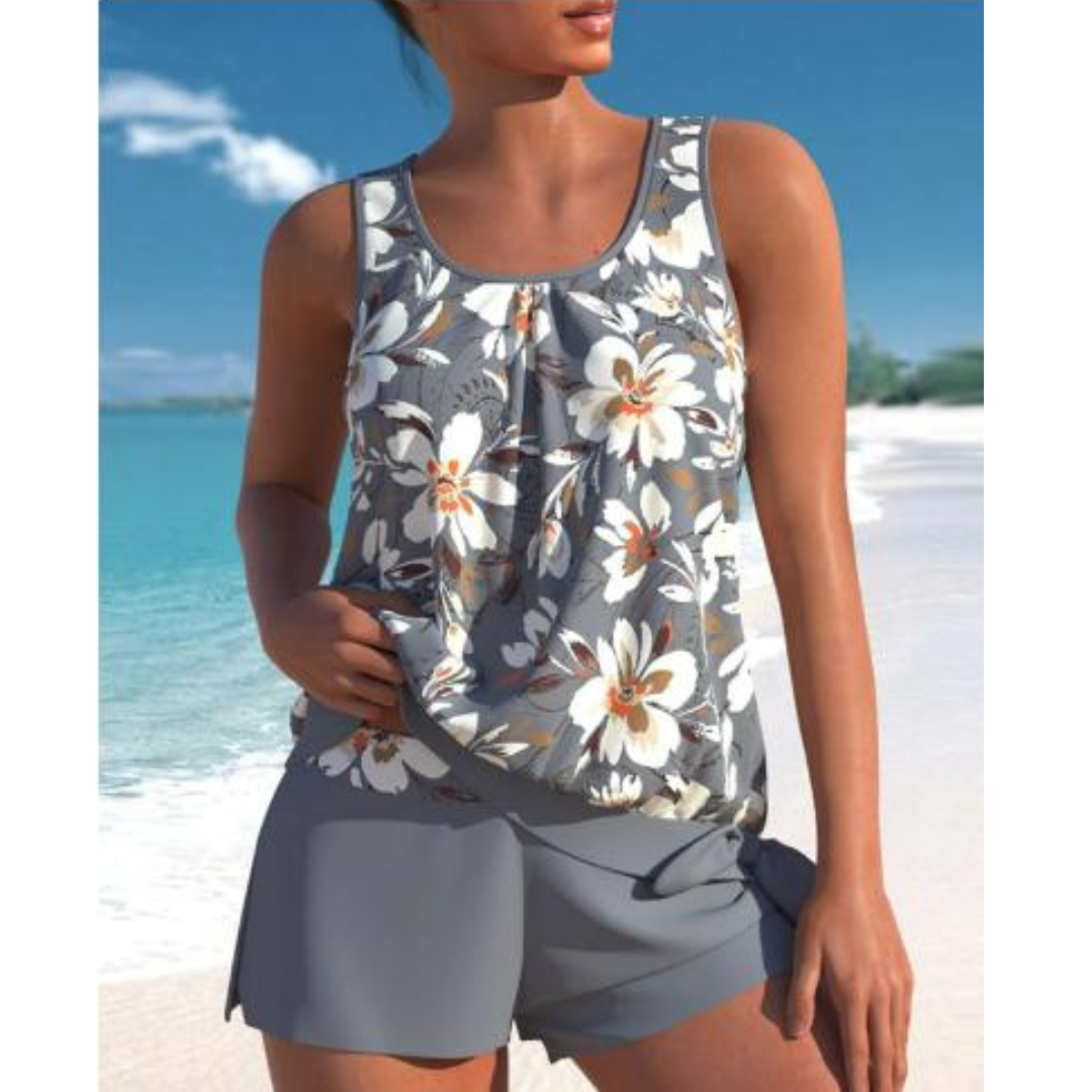 Adalina Women's Tankini - Floral Patterned Swimsuit with Shorts and Comfortable Strapless Cut