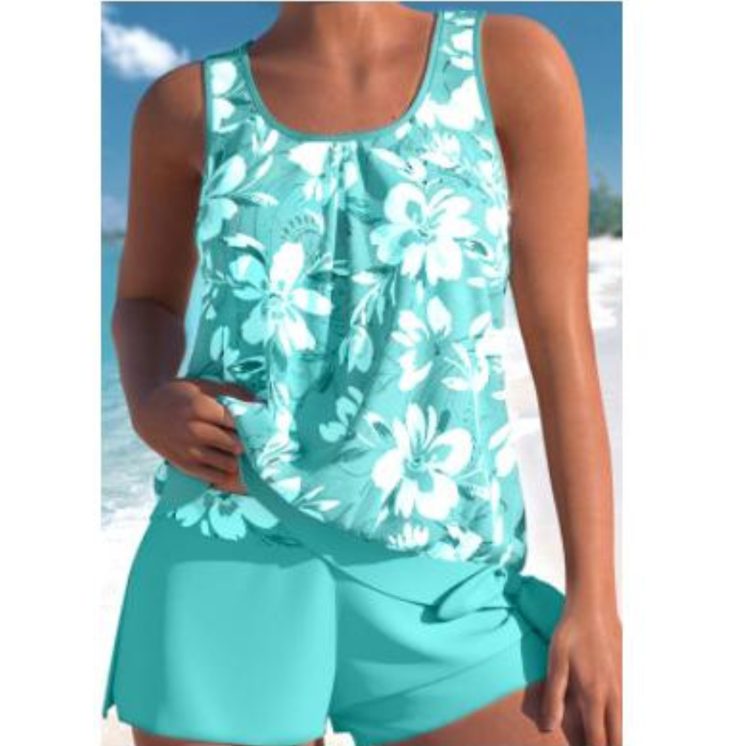 Adalina Women's Tankini - Floral Patterned Swimsuit with Shorts and Comfortable Strapless Cut