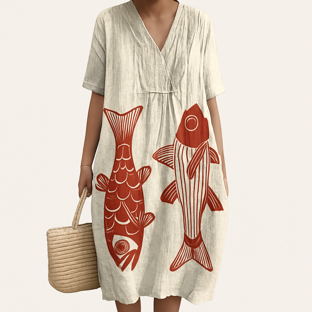 Patterned Summer Dress with model off white