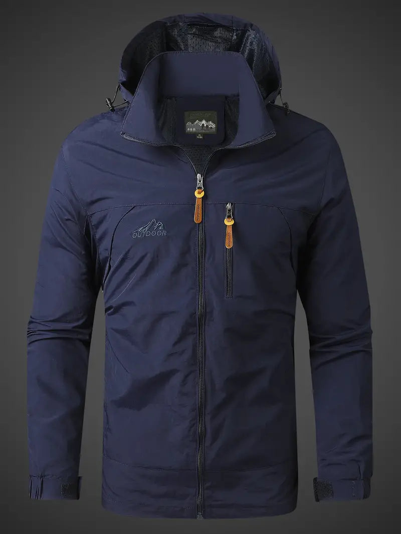 Waterproof men's rain jacket with hood and zipped pockets for outdoor use