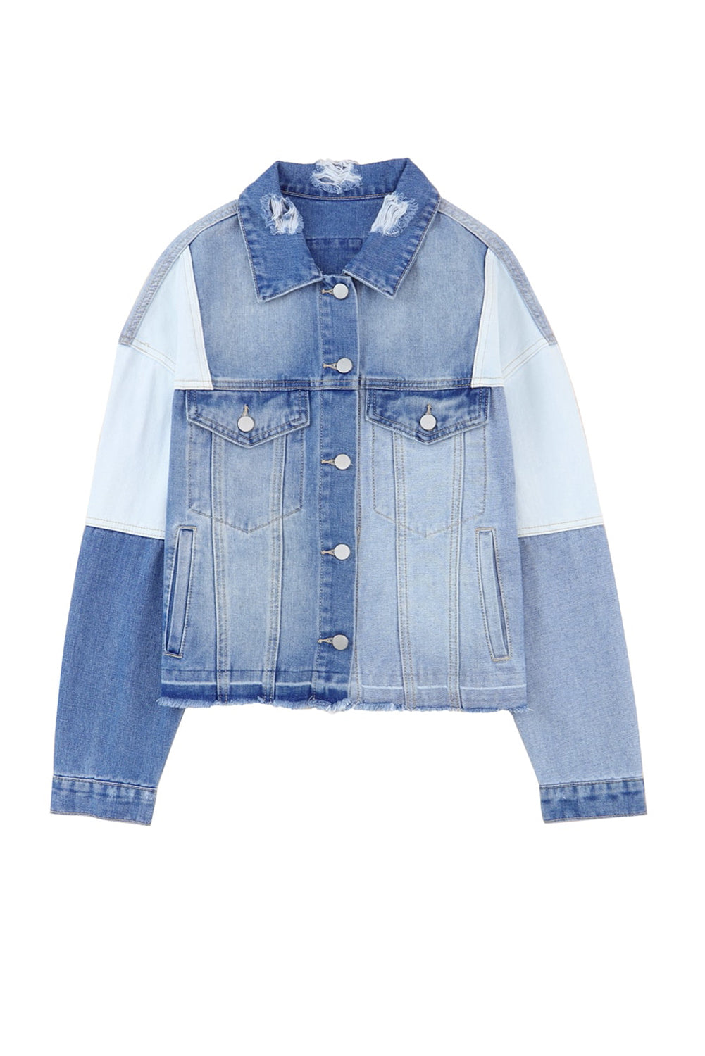 Stylish denim jacket with patchwork and frayed hem - Women