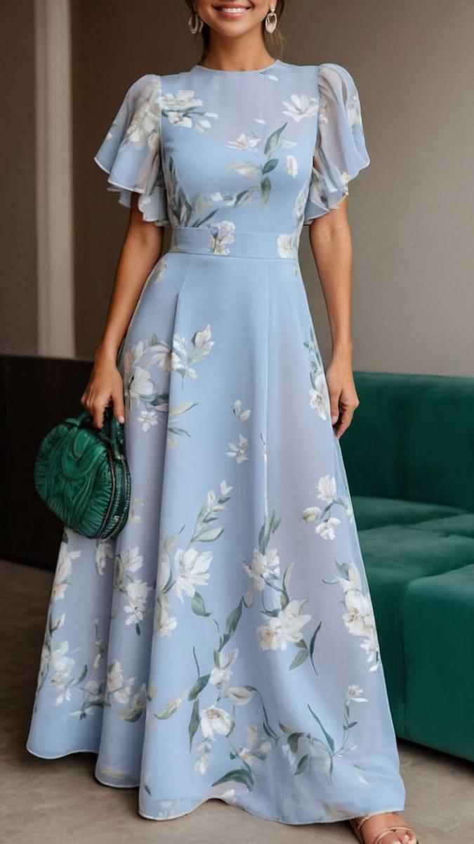 Women's Tyra Dress - Blue Summer Maxi Dress with Round Neck, Short Sleeve and Flowy Cut