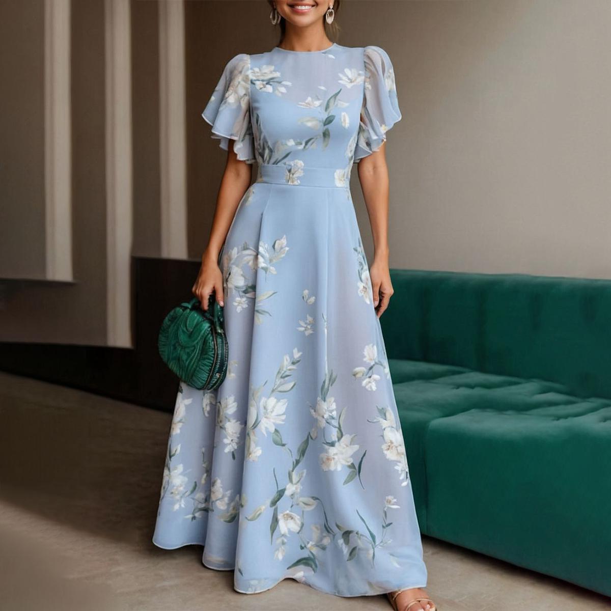 Women's Tyra Dress - Blue Summer Maxi Dress with Round Neck, Short Sleeve and Flowy Cut