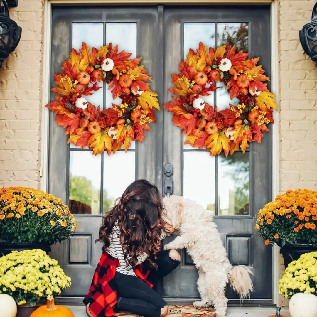 Ghirlanda di foglie d'acero e zucca per la raccolta autunnale - Decorazione autunnale per porta