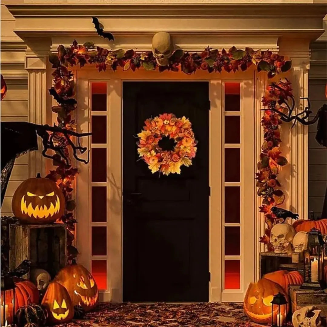 Ghirlanda di foglie d'acero e zucca per la raccolta autunnale - Decorazione autunnale per porta